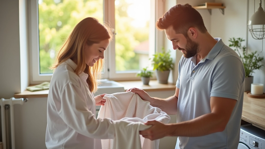 Famille pliант le linge fraîchement lavé, intérieur d'une maison moderne, lumière naturelle chaude