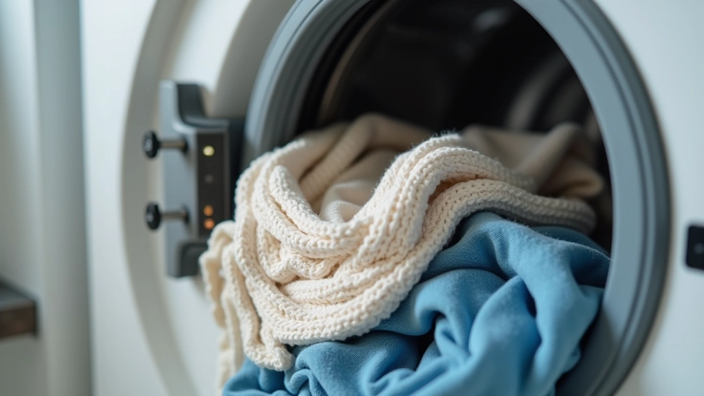 Machine à laver remplie de linge jusqu'au haut, tambour plein, éclairage naturel clair