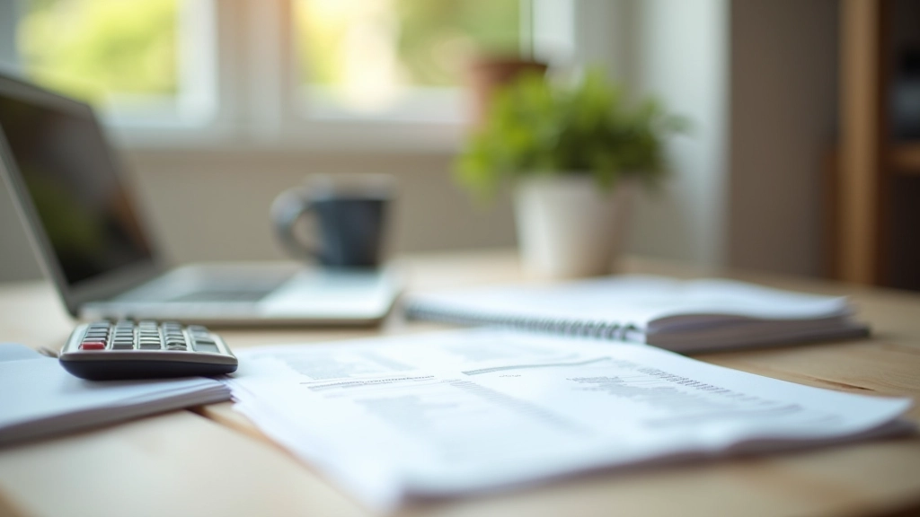Espace de travail avec documents, calculatrice et notes sur l'optimisation budgétaire du linge
