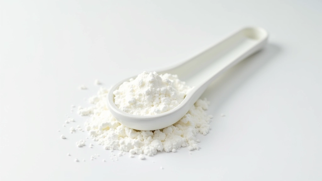 Gros plan sur de la poudre de détergent et une cuillère de mesure, surface blanche, lumière naturelle