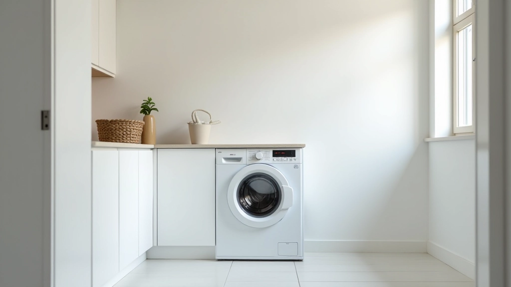 Buanderie moderne avec machine à laver et rangements organisés