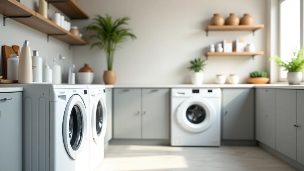 Buanderie moderne avec machine à laver dernière génération, éclairage naturel clair, vue d'ensemble