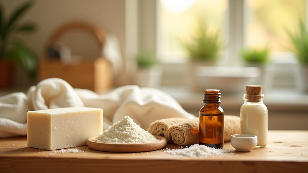 Ingrédients naturels pour faire du détergent fait maison: savon de Marseille, bicarbonate, vinaigre blanc, et huiles essentielles sur une table en bois