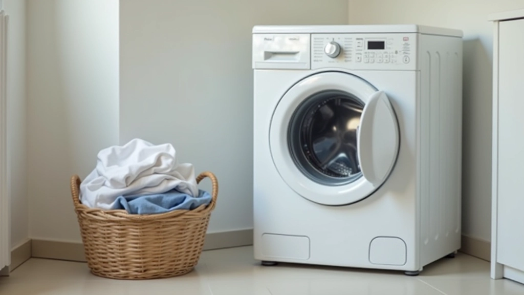 Machine à laver ouverte avec un panier de linge à côté, éclairage naturel, vue de face