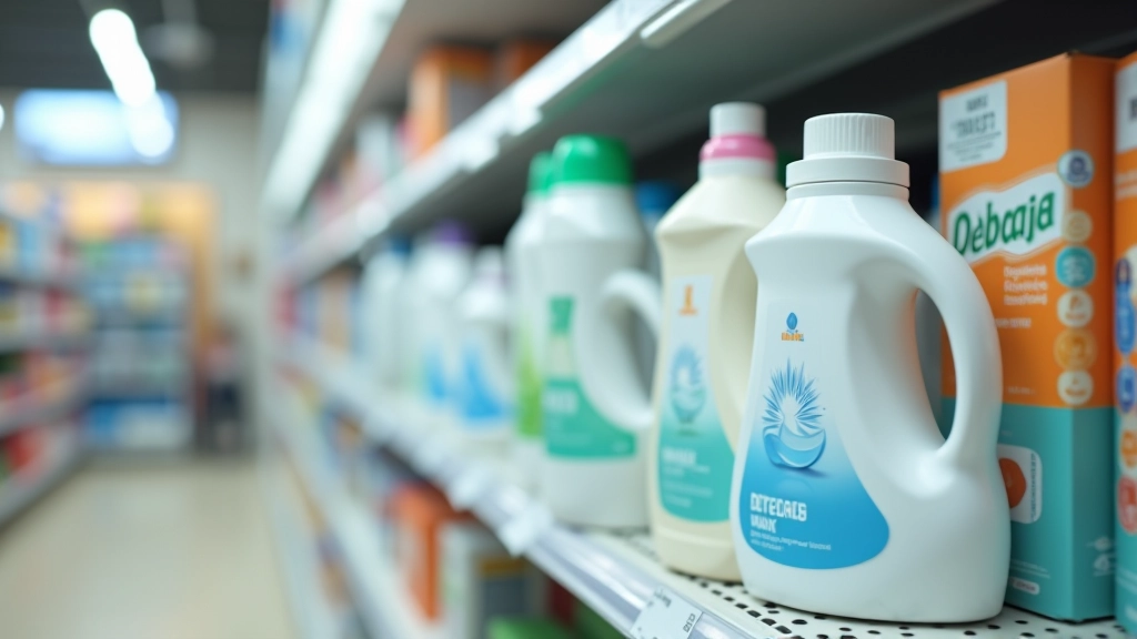 Bouteille de marque distributeur sur un rayon de supermarché avec d'autres produits d'entretien, éclairage naturel de magasin
